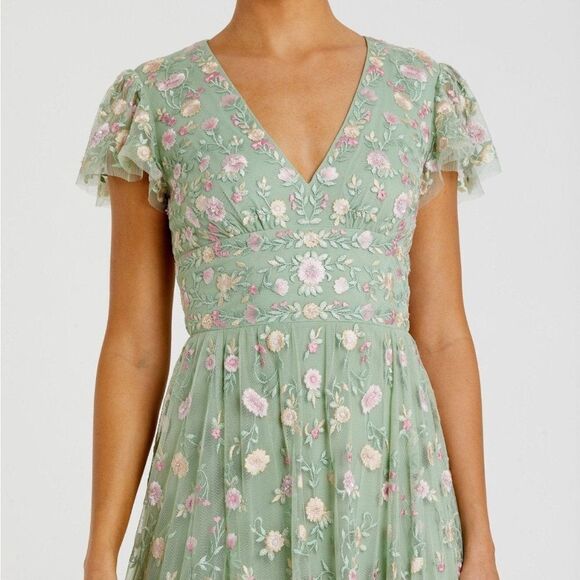 Mac Duggal 35104 Green Multicolor Embroidered V Neck Cap Sleeve Midi Dress - Picture 3 of 14